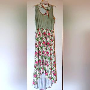 Green, pink, and white long floral dress